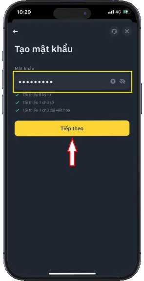 Bước 4: Sau khi nhập mã xác nhận OTP qua SMS hoặc Email.Vui lòng điền mật khẩu theo hướng dẫn